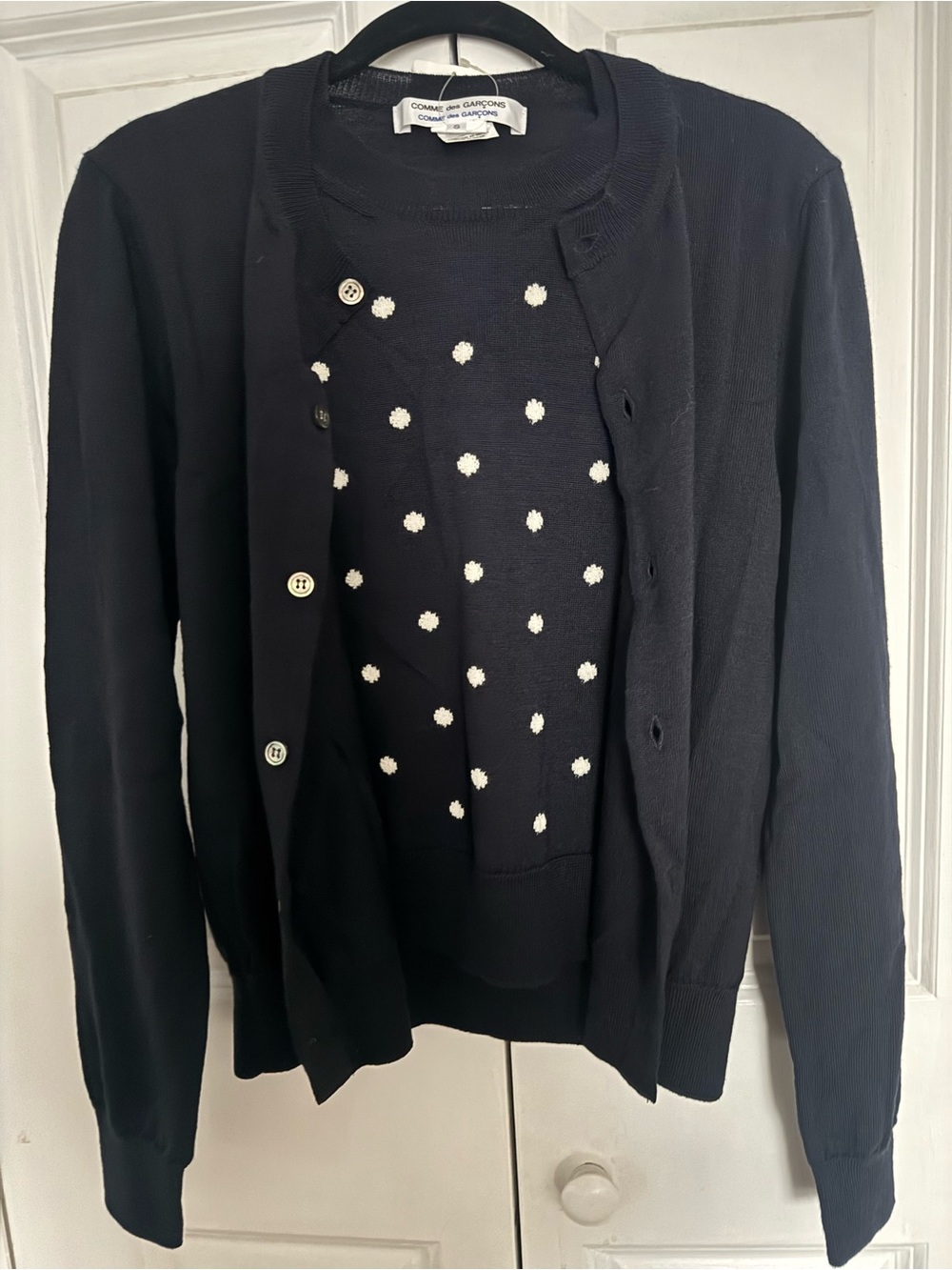 Comme des Garcons Navy Wool Layered Polka Dot Cardigan Sweater NWT